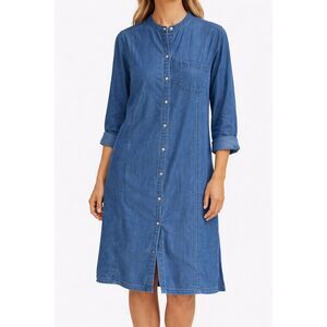J. Jill Chambray Denim Shirt Dress Button Front Long Sleeve 100 % Lyocell-Size L
